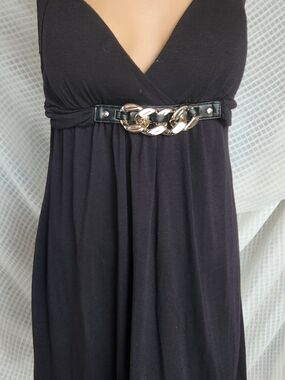 Delirious Black V-Neck Mini Dress with Gold Chain Accent